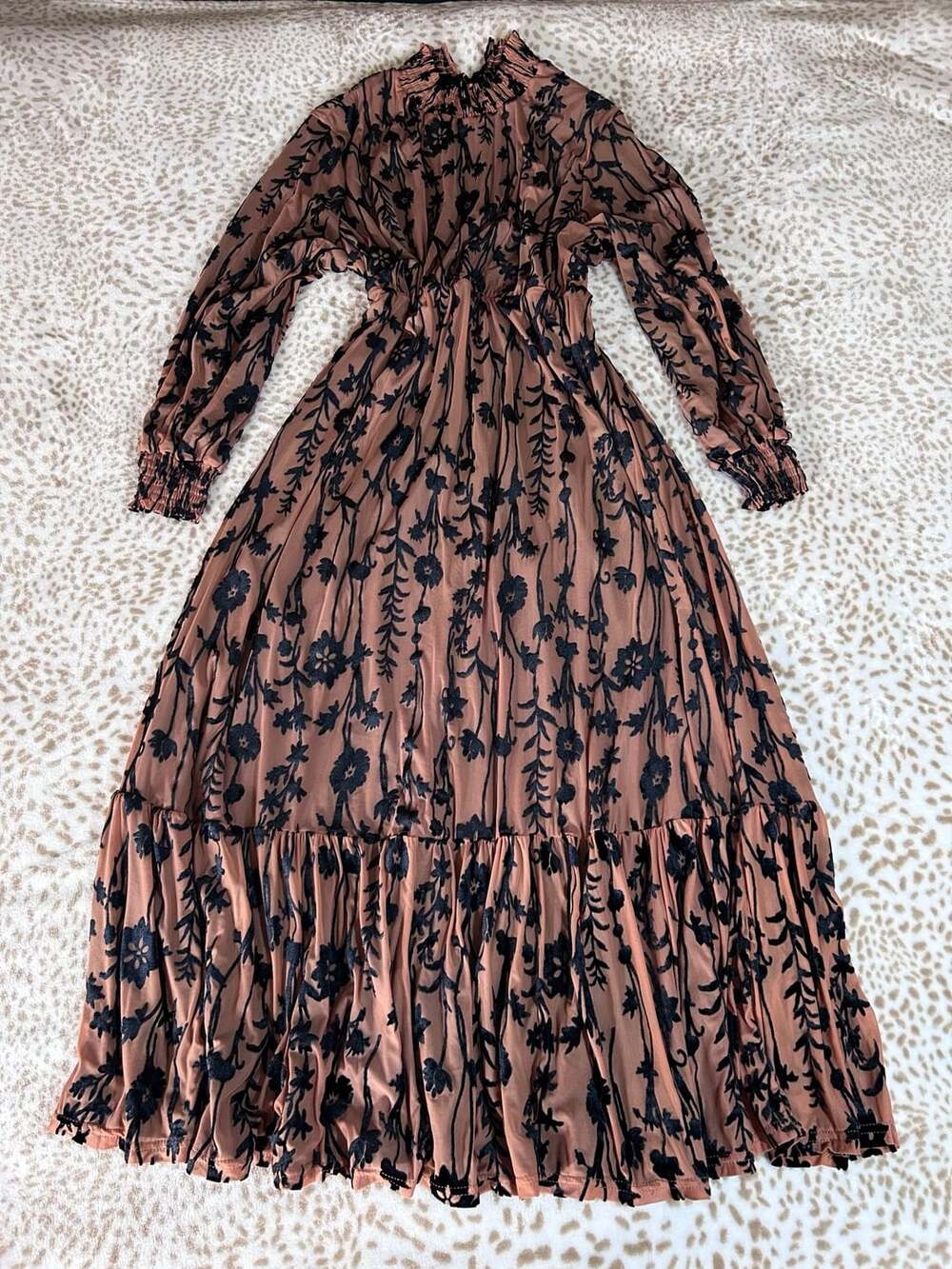 Curveins Floral Burnout Velvet Long Sleeve Maxi Dress with Ruffle Hem